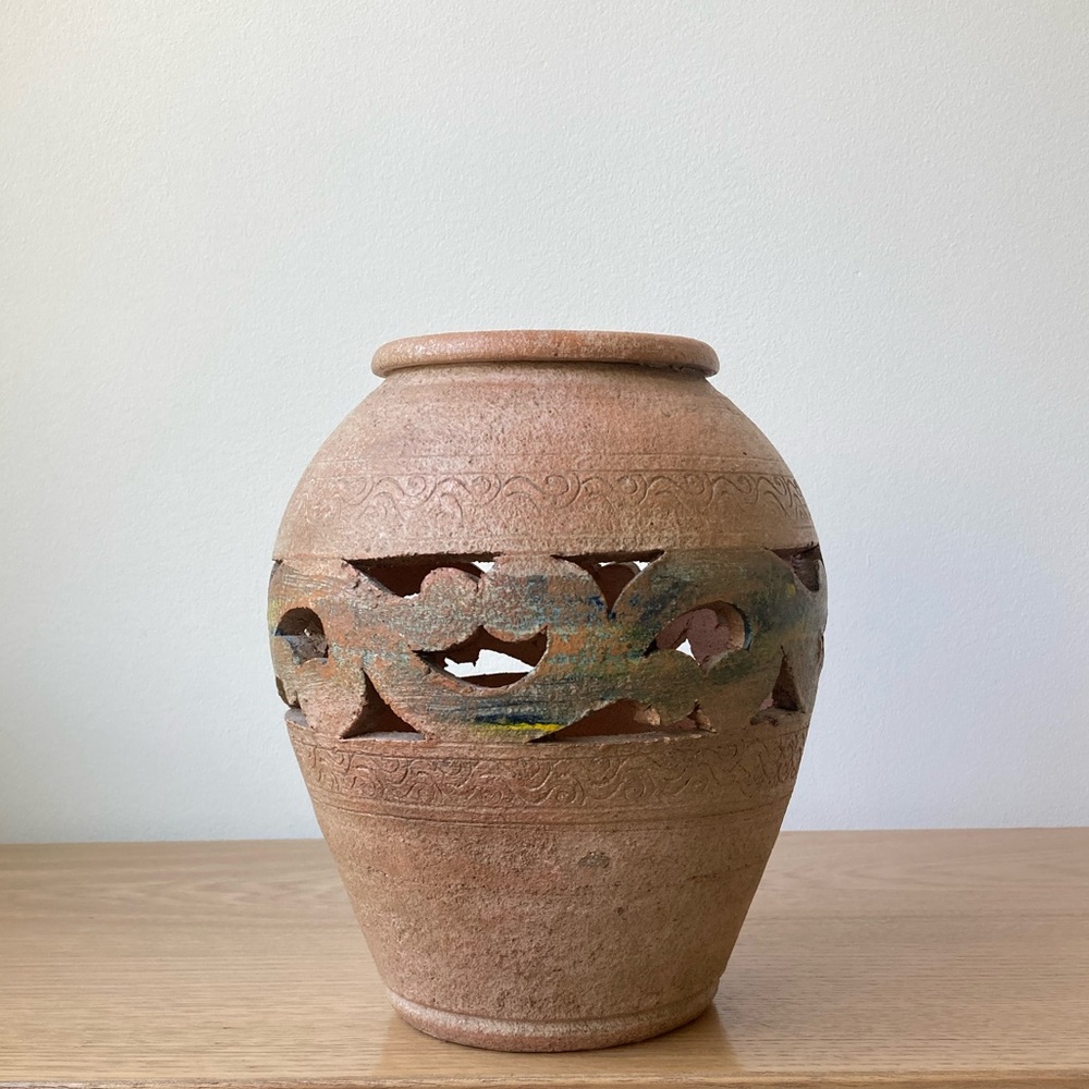studio pottery rustic carved vase vessel stoneware vintage bohemian boho brown